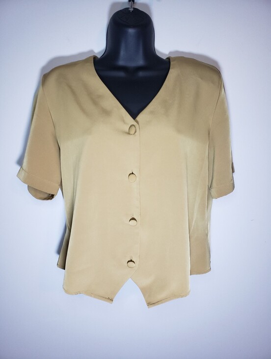 Sag Harbor Tops - Sag Harbor Petite Blouse 12P Khaki Tan Button Up Short Sleeve Crop Vest Top
